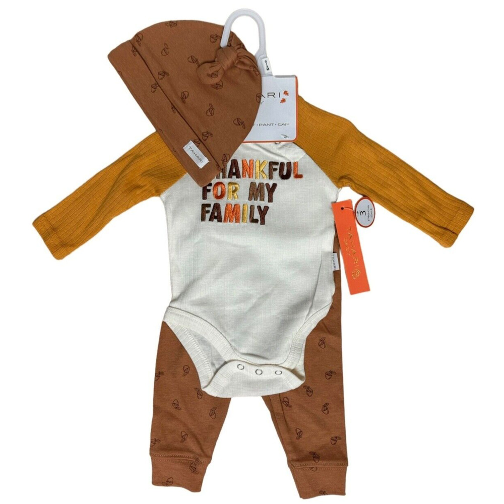 Tahari Baby 3 Piece Set w/ Bodysuit, Pant & Cap Size 0-3M Thankful For My Family